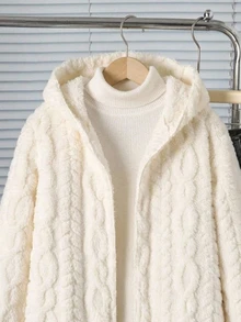 SHEIN Tween Girl Plush Wheat Kids Flower Pattern Simple Comfortable Versatile Daily Plush Coat Fall/Winter Christmas/Halloween - White - View 3