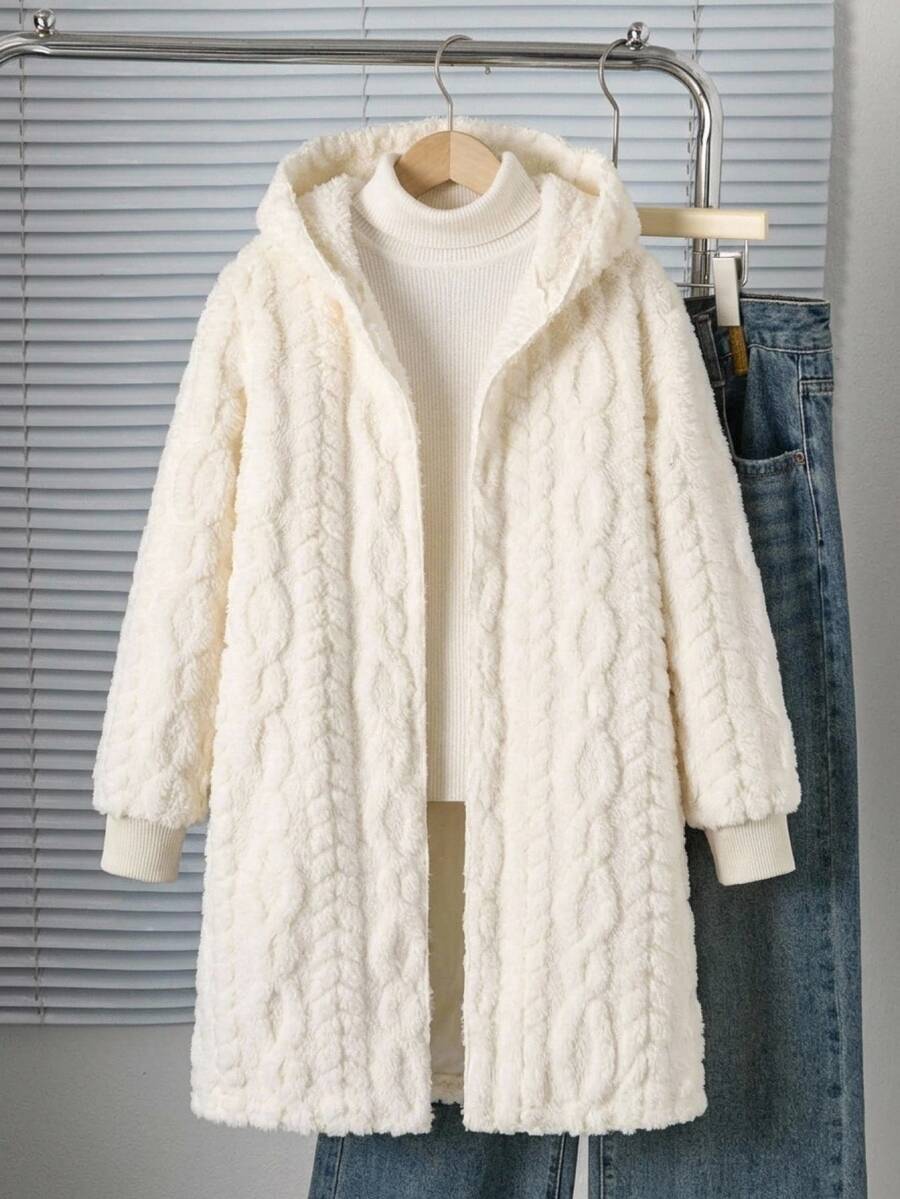 SHEIN Tween Girl Plush Wheat Kids Flower Pattern Simple Comfortable Versatile Daily Plush Coat Fall/Winter Christmas/Halloween - White - View 1