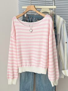 SHEIN 青少年女孩粉色與白色條紋拼接不對稱肩領衛衣可愛居家服 - 彩色 - 查看 3