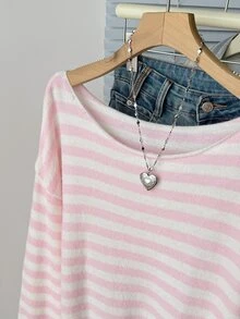 SHEIN 青少年女孩粉色與白色條紋拼接不對稱肩領衛衣可愛居家服 - 彩色 - 查看 4