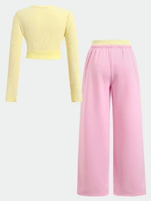SHEIN 兒童青少年女孩黃色粉色長袖短版背心上衣 + 對比腰帶運動長褲 2件套 - 粉色 - 查看 3
