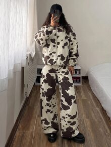 StreetHx Women's Cow Print Hooded Jacket And Wide Leg Jeans Set - Multicolor - View 6