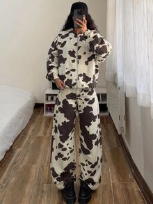StreetHx Women's Cow Print Hooded Jacket And Wide Leg Jeans Set - Multicolor - View 4