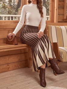 Mulvari Women's Color Block Striped Mermaid Tail Fitted Sweater Skirt Saudi National Day Going Out Striped Fall/Winter - Coffee Brown - View 5