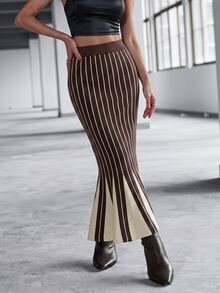 Mulvari Women's Color Block Striped Mermaid Tail Fitted Sweater Skirt Saudi National Day Going Out Striped Fall/Winter - Coffee Brown - View 4