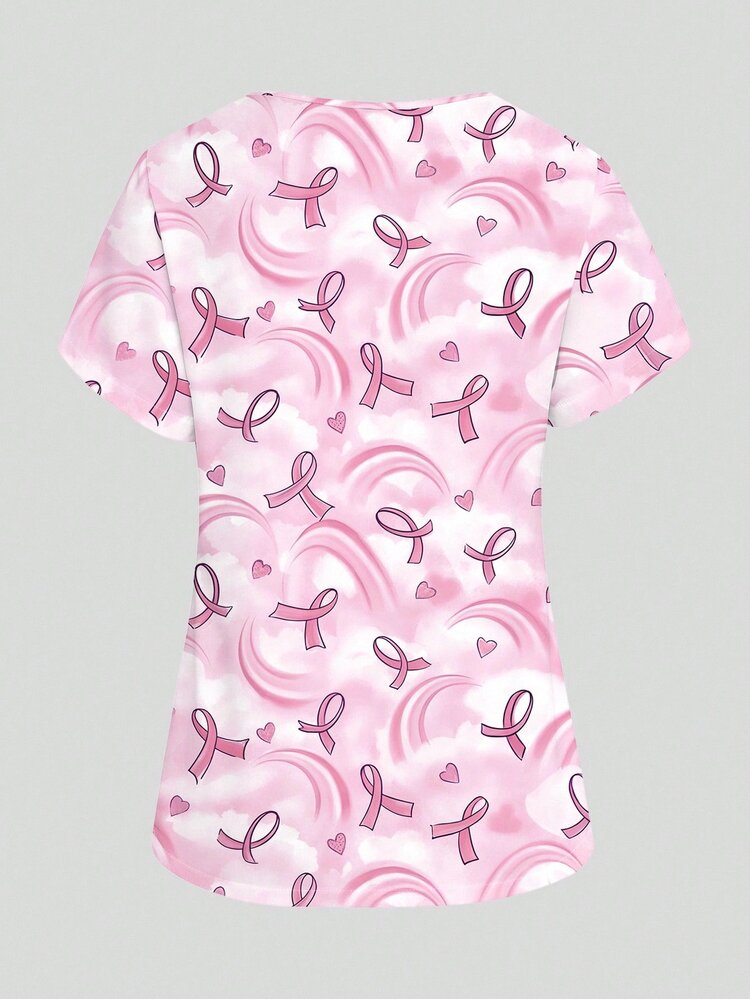 PopScrub Pink Ribbon And Rainbow Print Women's Top, Fashion V-Neck Short Sleeve With Pockets, Loop And Split Design Workwear, Spring/Summer Healthcare Uniform Top, Suitable For Hospitals, Beauty Salons And Various Institutions - Multicolor - View 2