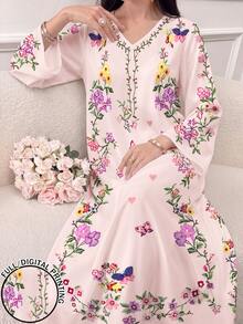 SHEIN Najma 女款淺粉色蝴蝶與花卉印花時尚V領長袖春秋優雅阿拉伯長洋裝，休閒度假街頭風阿拉伯風格服飾 - 彩色 - 查看 1