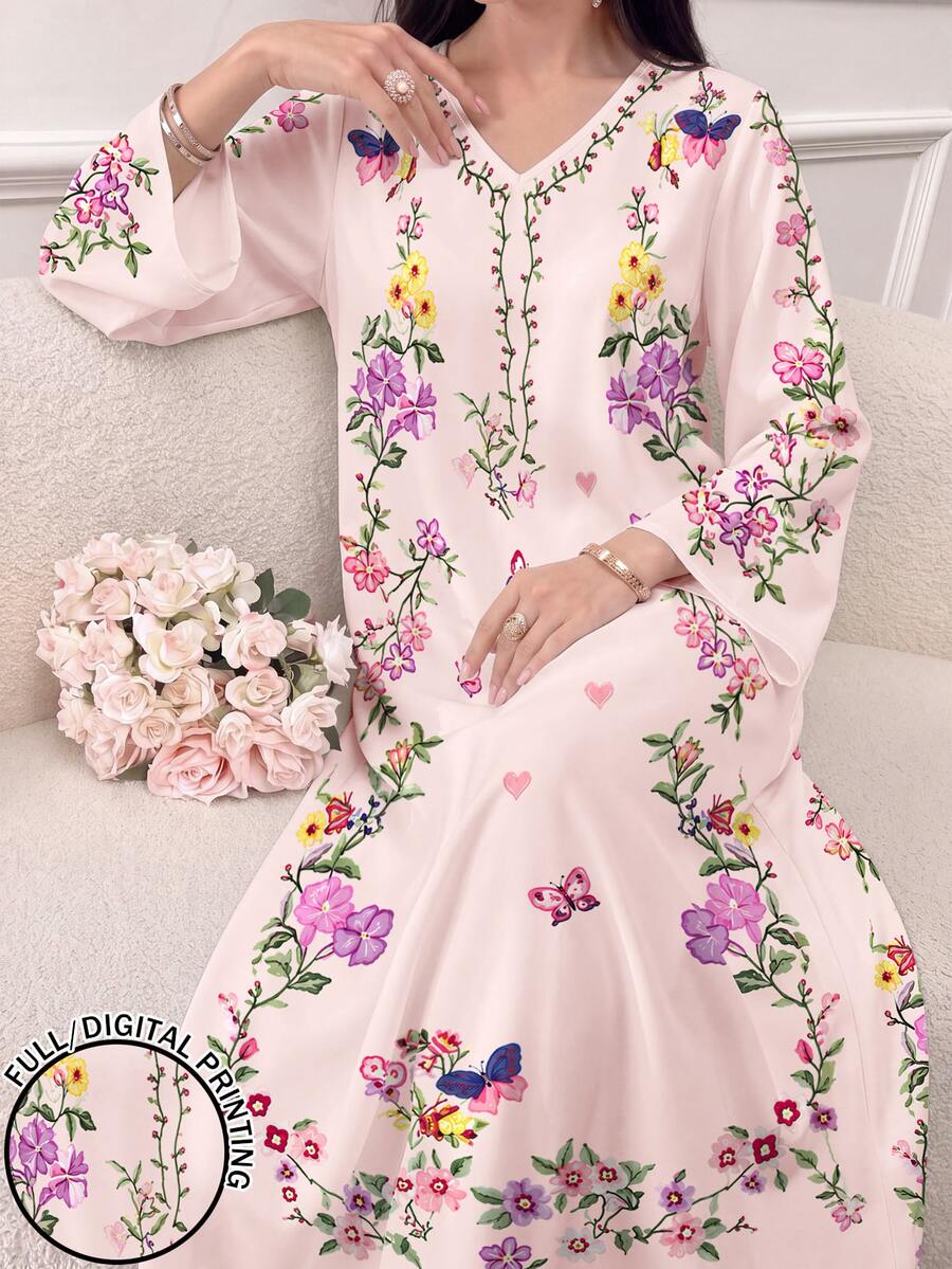 SHEIN Najma 女款淺粉色蝴蝶與花卉印花時尚V領長袖春秋優雅阿拉伯長洋裝,休閒度假街頭風阿拉伯風格服飾 - 彩色 - 查看 1