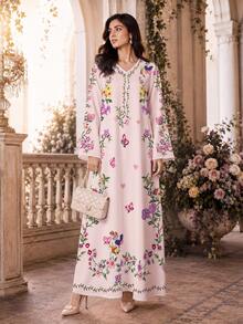 SHEIN Najma 女款淺粉色蝴蝶與花卉印花時尚V領長袖春秋優雅阿拉伯長洋裝，休閒度假街頭風阿拉伯風格服飾 - 彩色 - 查看 4