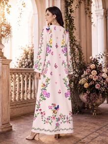 SHEIN Najma 女款淺粉色蝴蝶與花卉印花時尚V領長袖春秋優雅阿拉伯長洋裝，休閒度假街頭風阿拉伯風格服飾 - 彩色 - 查看 2