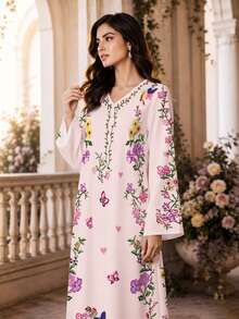 SHEIN Najma 女款淺粉色蝴蝶與花卉印花時尚V領長袖春秋優雅阿拉伯長洋裝，休閒度假街頭風阿拉伯風格服飾 - 彩色 - 查看 3