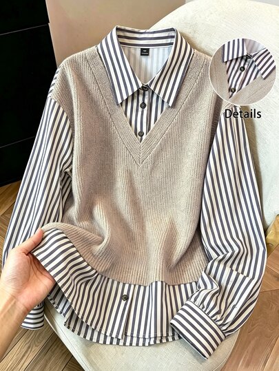 GlowEve CURVE Women's Plus Size Striped Woven Textured Casual Loose Comfortable Fashionable Versatile Elegant Sophisticated Office Wear Khaki Brown 2 In 1 Blouse Shirt, Autumn/Winter
