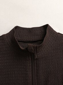 SHEIN Tween女孩休閒純色咖啡棕色紋理針織長袖立領上衣夾克與寬腿褲2件套，適合秋冬日常穿著，Tween棕色褲裝套裝兩件式寬腿褲套裝，青少年女孩秋季褲裝套裝 - 棕色 - 查看 5