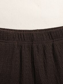 SHEIN Tween女孩休閒純色咖啡棕色紋理針織長袖立領上衣夾克與寬腿褲2件套，適合秋冬日常穿著，Tween棕色褲裝套裝兩件式寬腿褲套裝，青少年女孩秋季褲裝套裝 - 棕色 - 查看 9