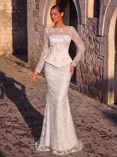 Aureia Elegant White Luxury 3D Beaded Sequin Round Neck Sheer Long Sleeve Top With 3D Floral Decor, 2 In 1 Mermaid Tail Train, Suitable For Wedding Events, All Formal Occasions, Evening Party, Women's Bridal Gown Dress