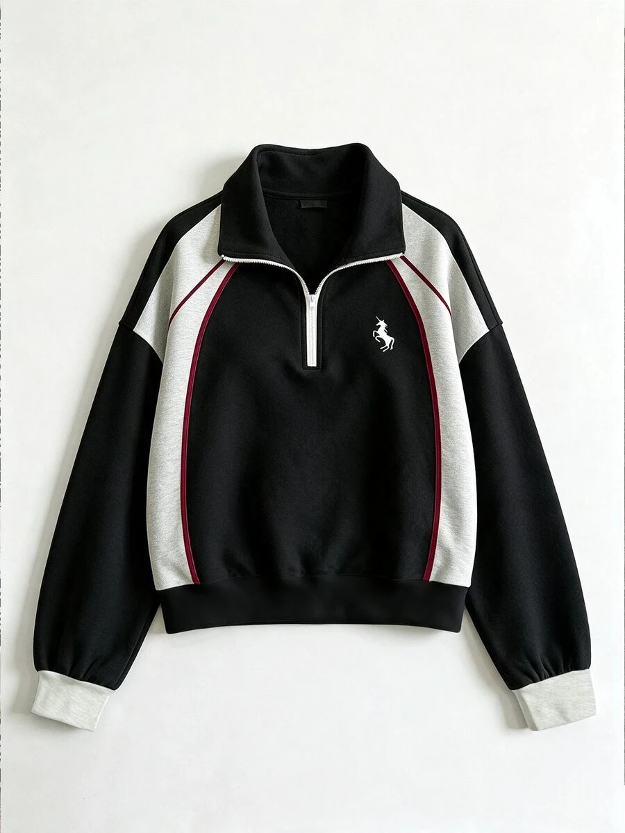 GlowEve CURVE Plus Size Women's Autumn/Winter Fashion Unicorn Striped Color Block Print Basic Zip-Up Sweatshirt, Fashion Pattern Zip-Up Sweatshirt, Suitable For Women's Daily Wear - Multicolor - View 1