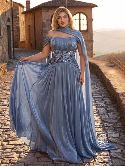 Glamrae Plus Size Elegant Romantic Luxurious Glamorous Asymmetric Neck Strapless Beaded Patchwork Ruched Waist A-Line Evening Gown For Party Date Ball Vacation Wedding Event Guest Dress