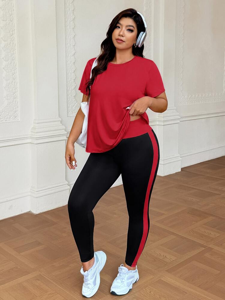 SHEIN Rhythm Era Plus Size Women Solid Color Short Sleeve T-Shirt And Leggings Sports Set - Multicolor - View 5