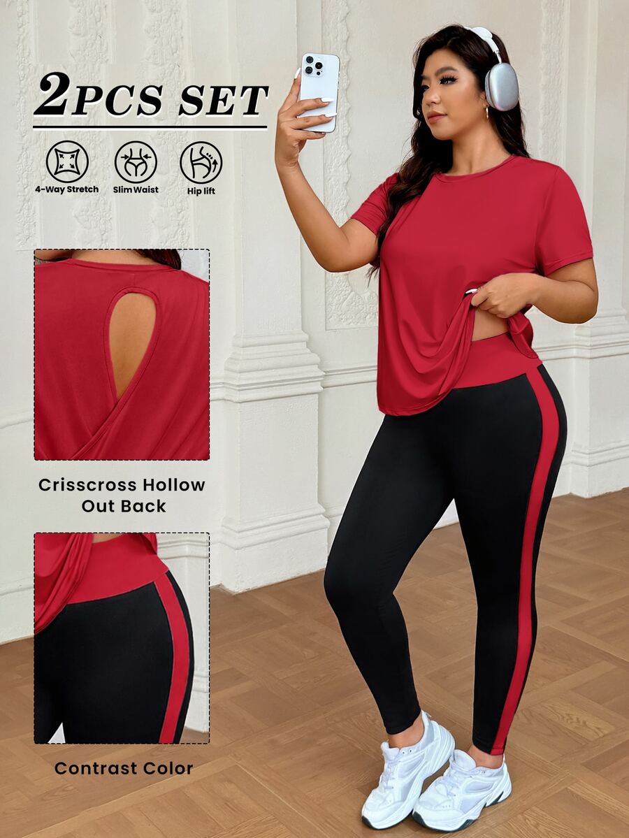 SHEIN Rhythm Era 大尺碼女款純色短袖T恤與緊身褲運動套裝 - 彩色 - 查看 1