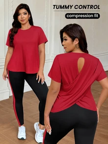 SHEIN Rhythm Era 大尺碼女款純色短袖T恤與緊身褲運動套裝 - 彩色 - 查看 2