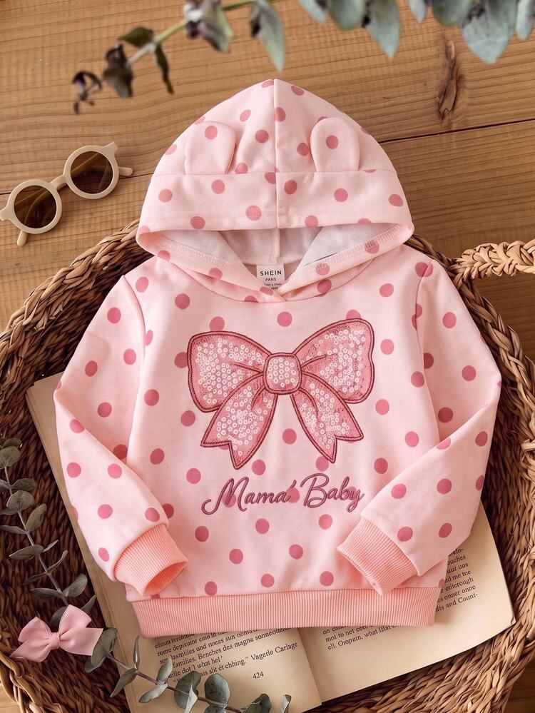 LMoss Kids Kdis Baby Girls Knitted Polka Dot Bow Pattern Hooded Pullover Autumn Winter Sweatshirt - Pink - View 1