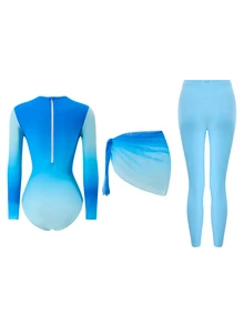 Swim Shayni Soft Gradient Zipper Conservative Women's Swimsuit Set, Suitable For Swimming Pool Parties, Beach Vacations And Daily Wear - Blue - View 3