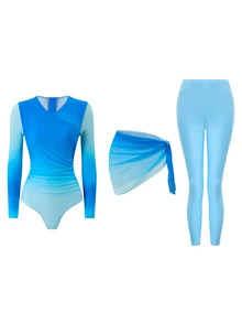 Swim Shayni Soft Gradient Zipper Conservative Women's Swimsuit Set, Suitable For Swimming Pool Parties, Beach Vacations And Daily Wear - Blue - View 2