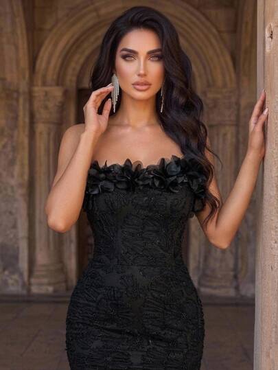 Aureia Elegant Black 3D Beaded Embroidery Asymmetrical One-Shoulder Neckline With 3D Floral Decor, Sheer Mesh Bodice, High Waist Slimming Fitted Mermaid Skirt, Long Elegant Party Dress For Wedding, Bachelorette Party, Graduation, Homecoming, Wedding Guest, Black Dress, Formal Evening Gown