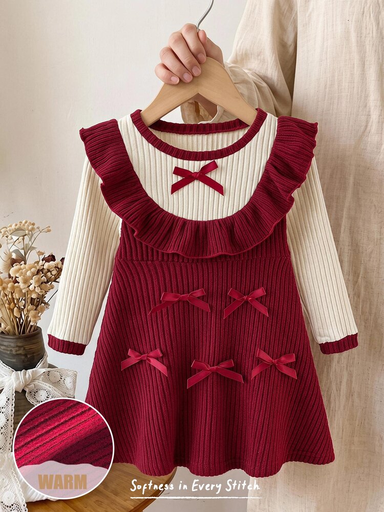 Cozy Pixies Baby Girl Elegant Cute Bow Lace Round Neck Textured Knit Long Sleeve Dress - Multicolor - View 2
