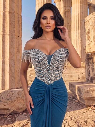 Glamrae Elegant Luxurious Diamond Bubble Bead Sequin Embroidered Lace Sexy Off-Shoulder Patchwork Elastic Knit Mesh Ruched Mermaid Skirt With Tassel Sleeves, Suitable For Wedding, Party, Bachelorette Party, Vacation, Ball, Festival, Gathering, Music Festival, Graduation, Evening Dress (Heavy Workmanship Style)