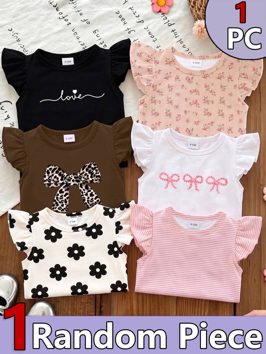 SHEIN 隨機 1 件女嬰蝴蝶袖上衣 夏季休閒風 豹紋蝴蝶結、條紋、花卉、字母印花圖案 T 恤 經典簡約設計 時尚百搭 適合夏季外出穿著 - 彩色 - 查看 1
