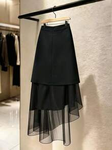 SHEIN Franclia 女士优雅浪漫黑色网纱拼接半身裙 - 黑色 - 查看 2