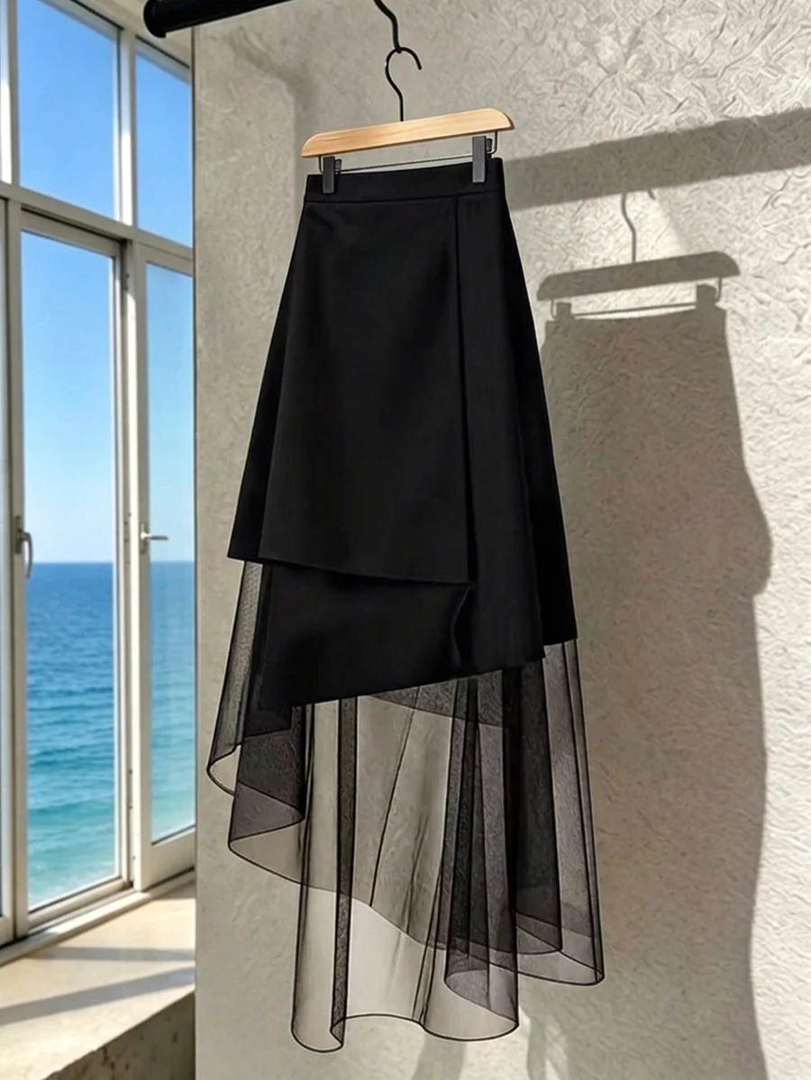 SHEIN Franclia 女士优雅浪漫黑色网纱拼接半身裙 - 黑色 - 查看 1