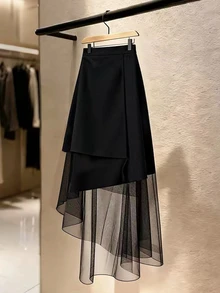 SHEIN Franclia 女士优雅浪漫黑色网纱拼接半身裙 - 黑色 - 查看 3