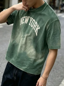 Resyla Men 男士寬鬆短袖T恤，綠色與白色漸層圖案，英文字母印花設計，休閒街頭風，百搭海灘度假 - 彩色 - 查看 4