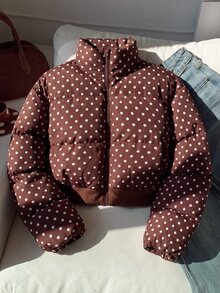 SHEIN 兒童青少年女孩棕色波點寬鬆短版立領羽絨填充冬外套 - 棕色 - 查看 8