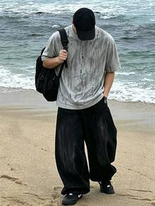 Resyla Men 男士寬鬆版型短袖T恤，線條印花圖案設計，舒適面料，休閒街頭風，日常百搭，度假度假風，灰色夏季款 - 彩色 - 查看 1