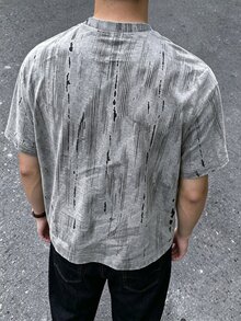 Resyla Men 男士寬鬆版型短袖T恤，線條印花圖案設計，舒適面料，休閒街頭風，日常百搭，度假度假風，灰色夏季款 - 彩色 - 查看 2