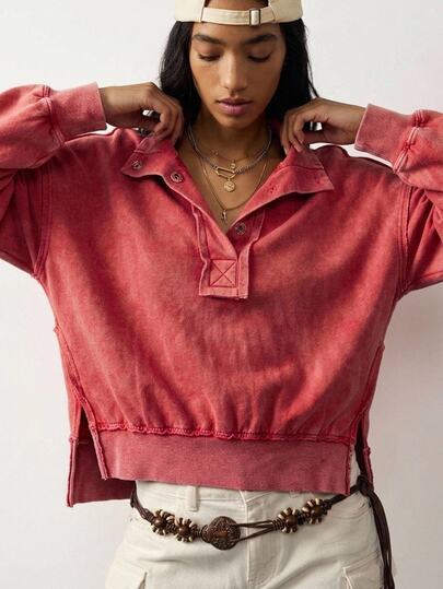 Bohemela Casual Solid Color Knit Long Sleeve Loose Fit Women's Sweatshirt Travel Rose Red Autumn