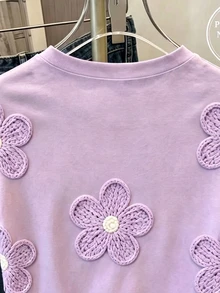 Teen Girls Lavender Purple 3D Knit Look Floral Print Crew Neck Short Sleeve T Shirt Casual Graphic Digital Printing Tee Top - Multicolor - View 6