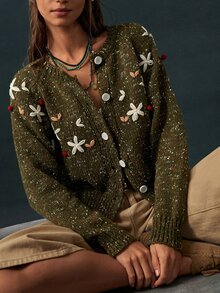 Bohemela Embroidery Floral Pattern Button Front Cardigan - Army Green - View 8