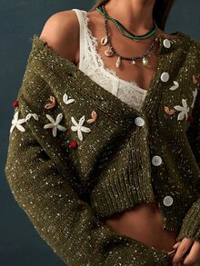 Bohemela Embroidery Floral Pattern Button Front Cardigan - Army Green - View 4