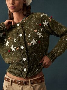 Bohemela Embroidery Floral Pattern Button Front Cardigan - Army Green - View 10