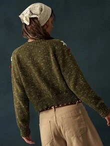 Bohemela Embroidery Floral Pattern Button Front Cardigan - Army Green - View 6