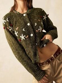 Bohemela Embroidery Floral Pattern Button Front Cardigan - Army Green - View 1