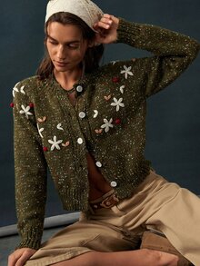 Bohemela Embroidery Floral Pattern Button Front Cardigan - Army Green - View 7