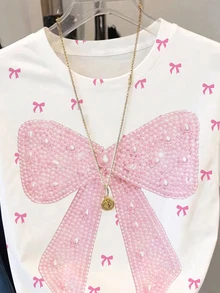 SHEIN Tween Girls' White Cute Summer School T-Shirt,Casual Chic Sweet Big Bow Print Paired With Mini Bow Print Short Sleeve Round Neck Tops For Festivals - Multicolor - View 5