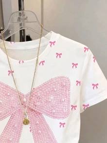 SHEIN Tween Girls' White Cute Summer School T-Shirt,Casual Chic Sweet Big Bow Print Paired With Mini Bow Print Short Sleeve Round Neck Tops For Festivals - Multicolor - View 4