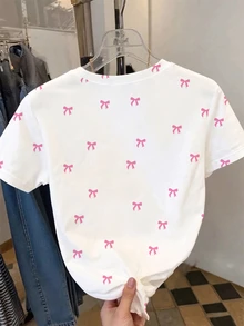 SHEIN Tween Girls' White Cute Summer School T-Shirt,Casual Chic Sweet Big Bow Print Paired With Mini Bow Print Short Sleeve Round Neck Tops For Festivals - Multicolor - View 3