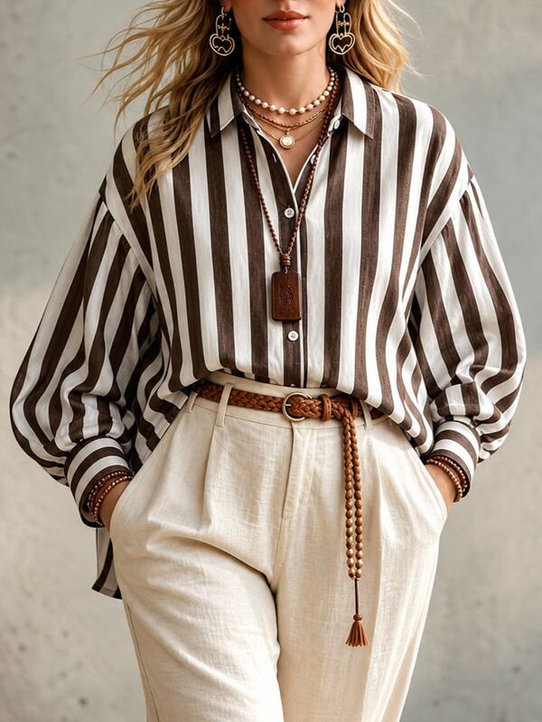 Ceyna Camisa Plus Size Tecida com Listras Onduladas, Efeito Lavado, Ombro Caído, Solta, Casual, Estilo Tradicional Anos 80 e 90, para Férias, Trabalho, Escritório e Brunch, Outono, Branca